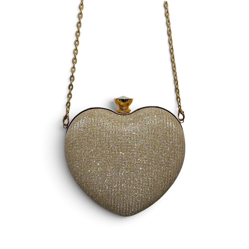 Gemstone Heart Clutch Small Gold Glitter Chain Evening Bag Wedding Prom Formal